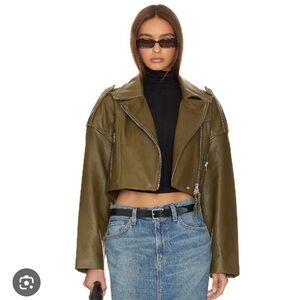 AGOLDE x SHOREDITCH SKI CLUB Cropped Leather Biker Jacket Remi Moto Olive Green